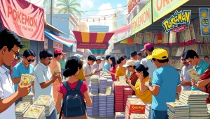 Explore the vibrant world of Pokemon tcg india at a lively market showcasing trading cards and collectors.