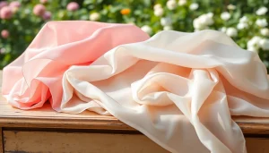 Mousseline stoffen in pastelkleuren prachtig uitgestald op een vintage houten tafel.