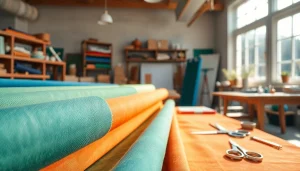 Canvas stoffen in een kleurrijke werkplaats met levendige rolletjes.