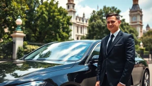 Experience a premier chauffeur service london with a luxury vehicle at a famous landmark.