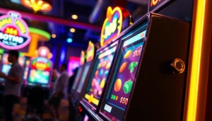 Mengguncang bos88 slot dengan mesin permainan yang cerah dan penuh warna di kasino.