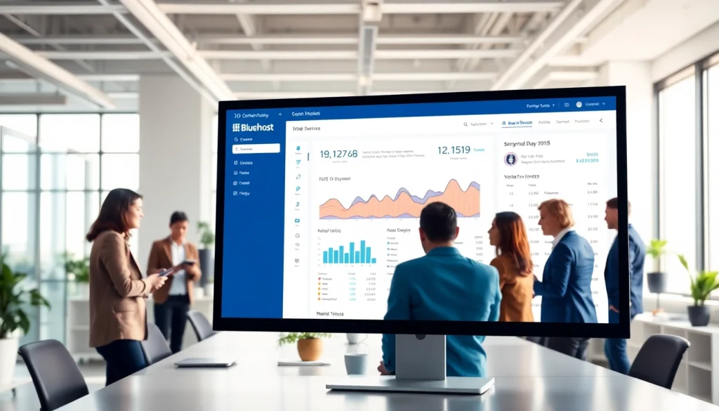 Visualize Bluehost's services through a professional web hosting dashboard highlighting teamwork and technology.