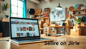 Start Selling on Jirle visualizing a vibrant online marketplace with a seller's workspace.