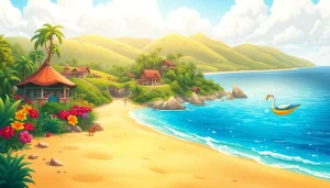 토피아에서 활기찬 섬과 아름다운 풍경을 표현한 일러스트.