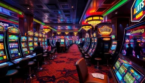 Luxurious gaming experience at luxury12 con elegantes máquinas tragamonedas y ambiente vibrante.