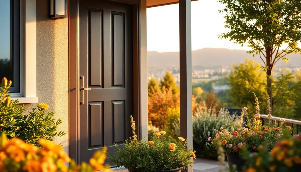 Showcasing door replacement Portland Oregon with a lush garden backdrop and modern design.