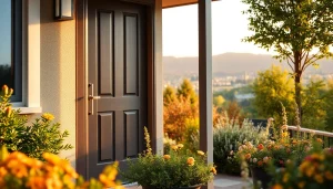 Showcasing door replacement Portland Oregon with a lush garden backdrop and modern design.
